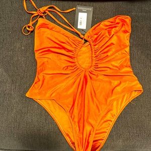 Orange Scoop Neck Ruched Swimsuit